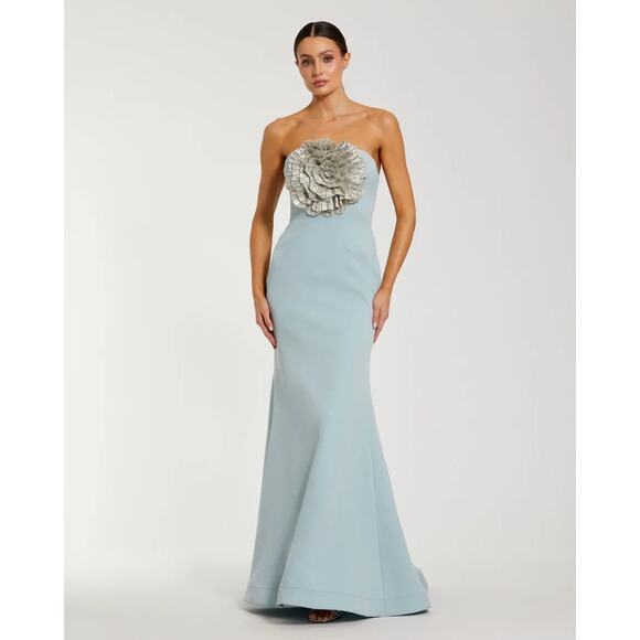 Blue Strapless Crepe Trumpet Gown with 3D Rhinestone Flower - 10 - Picture 1 of 2